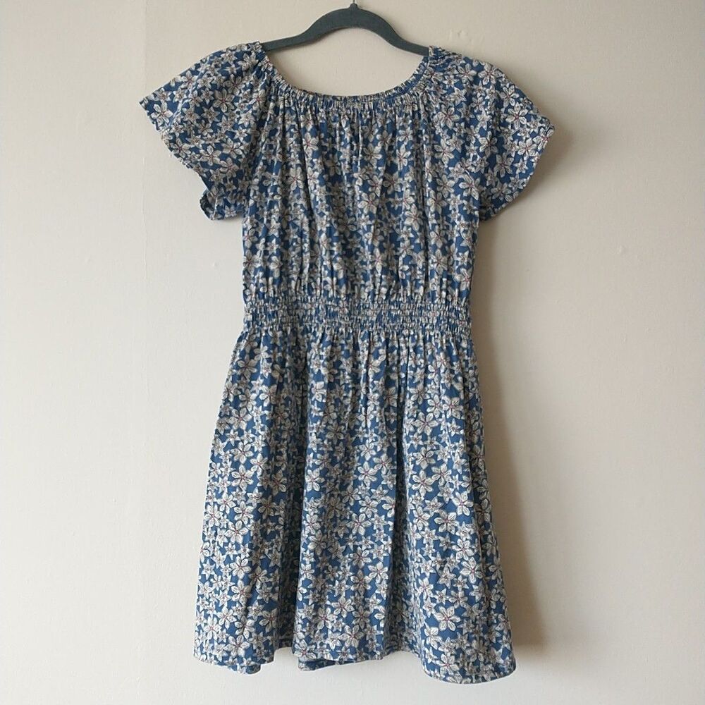 Gap Dress Girls XXL Blue Floral Elastic Waist Round Neck Short Sleeve Cotton